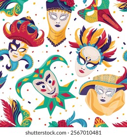 Amazing vector seamless pattern featuring variety of ornate carnival masks Each masquerade mask is decorated with intricate design, feathers and beads capturing lively spirit of festive celebrations