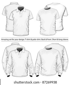 Amazing vector set. Men's polo-shirt and t-shirt design template (front and back view). Long and short sleeve. No mesh.