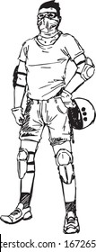 Amazing vector sketch of guy in sport protective attributes with closed face holding helmet