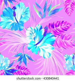 amazing vector tropical flowers patten. seamless design with gorgeous botanical elements, hibiscus, palm, bird of paradise. Vector editable file