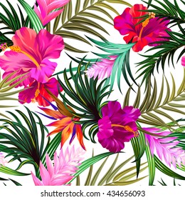 asombrosas flores tropicales vectoriales patten. diseño sin fisuras con magníficos elementos botánicos, hibiscos, palmeras, pájaro del paraíso. Archivo modificable del vector