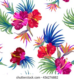 amazing vector tropical flowers patten. seamless design with gorgeus botanical elements, hibiscus, palm, bird of paradise. Vector editable file - Shutterstock ID 436276882