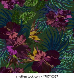 erstaunliche tropische Blumen gefleckt. Nahtloses Design mit wunderschönen botanischen Elementen, Hibiskus, Palmen, Paradies. Vektorbearbeitbare Datei