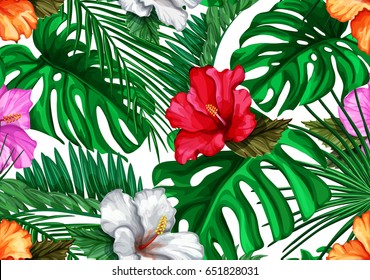 amazing vector tropical flowers patten. seamless design with gorgeus botanical elements, hibiscus, palm, bird of paradise. Vector editable file - stock vector