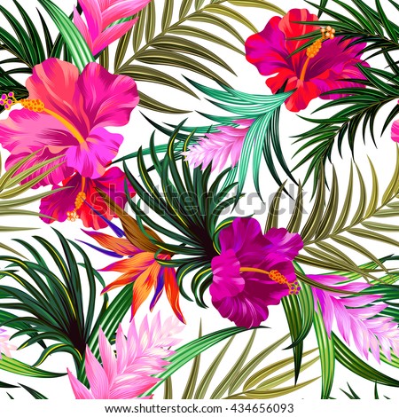 amazing vector tropical flowers patten. seamless design with gorgeus botanical elements, hibiscus, palm, bird of paradise. Vector editable file