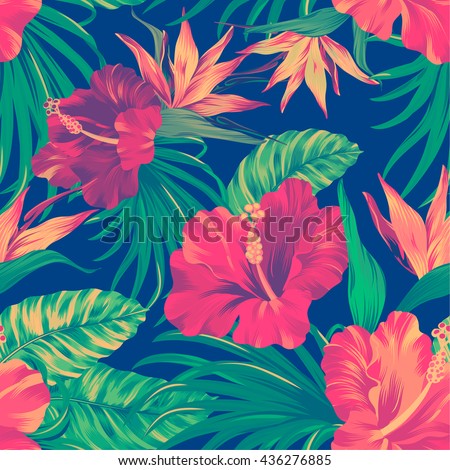 amazing vector tropical flowers patten. seamless design with gorgeus botanical elements, hibiscus, palm, bird of paradise. Vector editable file