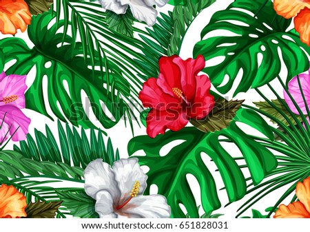 amazing vector tropical flowers patten. seamless design with gorgeus botanical elements, hibiscus, palm, bird of paradise. Vector editable file - stock vector