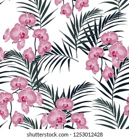Amazing vector tropical flowers pattern. Seamless design with gorgeous botanical elements, orchid, palm. 
