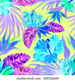 amazing vector tropical flowers pattern. seamless design with gorgeous botanical elements, hibiscus, palm, bird of paradise. Vector editable file with amazing supernatural colors