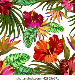 amazing vector tropical flowers pattern. seamless design with gorgeous botanical elements, hibiscus, palm, bird of paradise. Vector editable file with amazing Hawaiian tropicana colors.