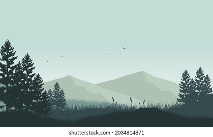 Amazing view of the mountains from the countryside at sunrise with pine trees all around. Vector illustration of a city