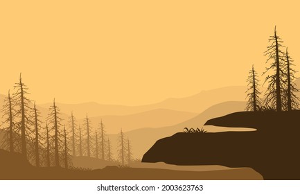 Amazing view of the mountains with dry tree silhouettes from the outskirts of the city in the afternoon. Vector illustration of a city