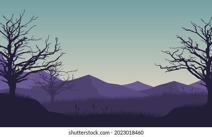 Amazing view of the mountains with dry tree silhouettes from the countryside in the morning. Vector illustration of a city