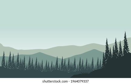Amazing view of the mountains with the forest from the edge of the city in the morning. Vector illustration of a city