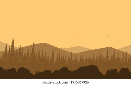 amazing view of the mountains with the forest from the edge of the city at sunset in the afternoon. Vector illustration of a city