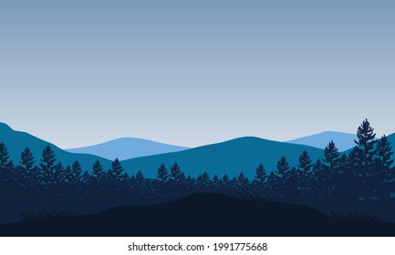 Amazing view of the mountains with the forest from the edge of the city at sunrise in the morning. Vector illustration of a city