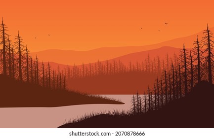 Amazing view of the mountains with forest from the lakeside at dusk. Vector illustration of a city