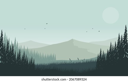 Amazing the view of the mountains with the forest in the morning from the countryside. Vector illustration of a city