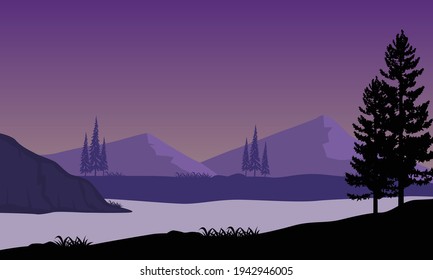 Amazing view of the mountains at night from the riverbank. Vector illustration