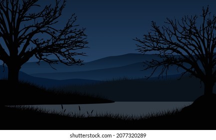 Amazing the view of the mountains at night from the riverbank with the aesthetically dry silhouettes of trees. Vector illustration of a city
