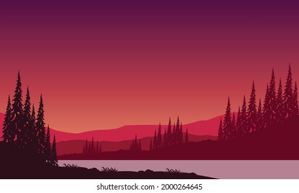 Magníficas vistas de las montañas por la noche desde la orilla del río, con las siluetas de pinos a su alrededor. Ilustración vectorial de una ciudad