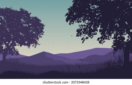 Amazing the view of the mountains from the out of the city when the sun rises in the morning. Vector illustration of a city