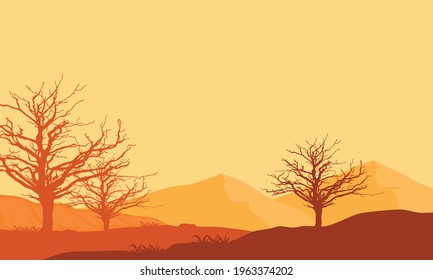 An amazing view of the mountains from the outskirts of the city at dusk with the silhouettes of dry trees around them. Vector illustration of a city