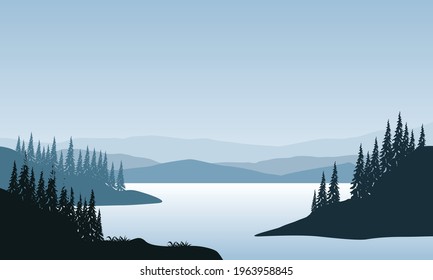 Amazing view of the mountains from the riverbank in the morning with the silhouettes of the surrounding trees. Vector illustration of a city