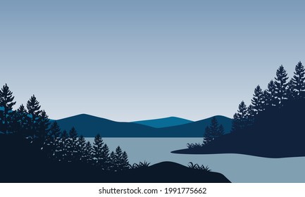 Amazing the view of the mountains from the riverbank in the morning with the silhouette of the trees around it. Vector illustration of a city