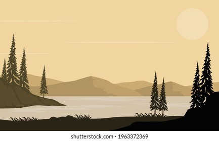 Amazing view of the mountains from the riverbank at sunrise. Vector illustration of a city