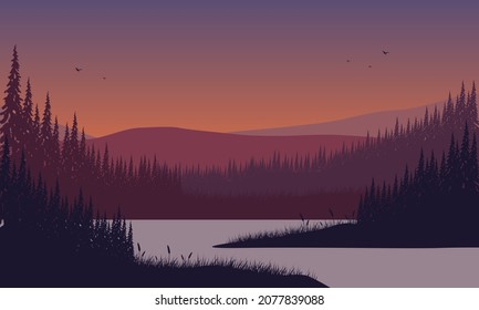 Las vistas a las montañas son impresionantes, con la silueta de los pinos de la orilla del río al atardecer. Ilustración vectorial de una ciudad