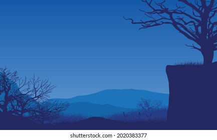 Amazing view of the mountains from the village at night. Vector illustration of a city