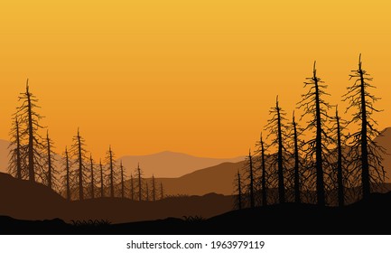 Amazing views of the mountains and silhouettes of dry trees from the edge of the city at dusk. Vector illustration of a city