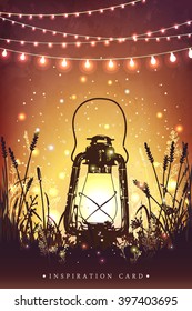 Amazing vintage lanten on grass with magical lights of fireflies at night sky background. Unusual vector illustration. Inspiration card for wedding, date, birthday,  holiday or garden party 