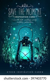 Amazing vintage lanten on grass with magical lights of fireflies at night sky background. Unusual vector illustration. Inspiration card for wedding, date, birthday, tea or garden party 