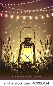 Amazing vintage lantern on grass with magical lights of fireflies at night sky background. Unusual vector illustration. Inspiration card for wedding, date, birthday, tea or garden party 