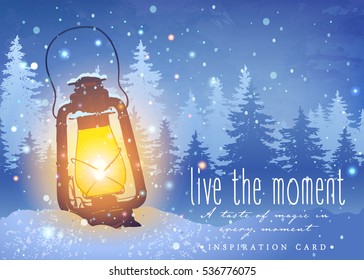 Amazing vintage lantern on snow with magical lights at the winter spruce forest background. Snowfall. Unusual inspiration vector for Christmas greeting card, wedding, date, birthday or holiday party