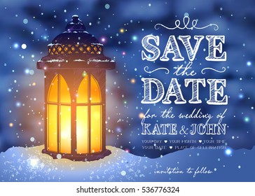 Amazing vintage lantern on snow with magical lights at the night background of a winter spruce forest. Inspiration for Christmas greeting card, wedding, date, birthday or holiday party