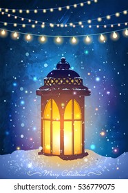 Amazing vintage lantern on snow with magical lights at the winter snowfall. Unusual inspiration vector for Christmas greeting card, wedding, date, birthday or holiday party