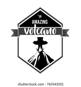 the amazing volcano vector illustration with typography in a hexagon shield for logo, template, sticker, sign, promotion advertising material, etc