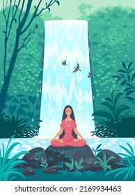 Amazing waterfall views and cartoon girl in yoga lotus pose practicing meditates. Vector illustration