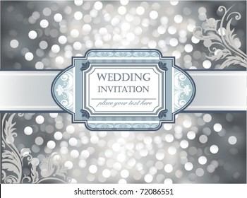 Amazing Wedding invitation or greeting card on silver glittering background. Vector illustration