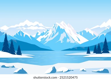 Erstaunliche Winterlandschaft schneebedeckter Berge, Wälder und Seen. Eisblöcke am Ufer eines Sees mit Blick auf schöne Berge. Winter Natur, Vektorgrafik.