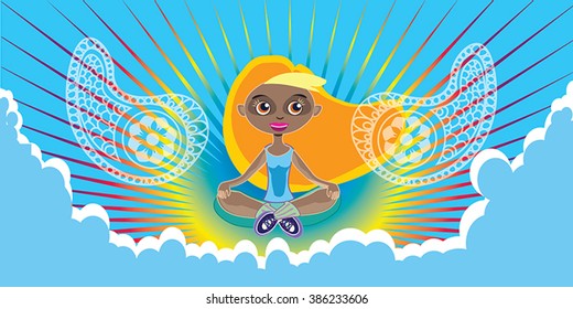 Amazing woman meditating in the rainbow sky vector - blue clouds and retro sunburst background. Tanned blonde young woman practice yoga. Positive motivational banner, poster, web design element.
