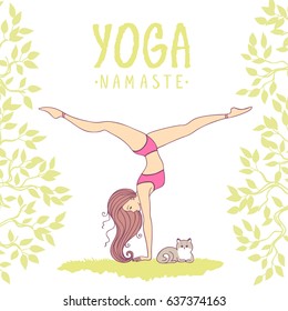 Amazing woman practicing yoga with cat. Handstand. Vector illustration