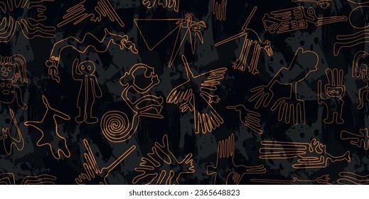 amazing world famous peruvian ancient indigenous golden nazca lines seamless pattern over a black water color effect background