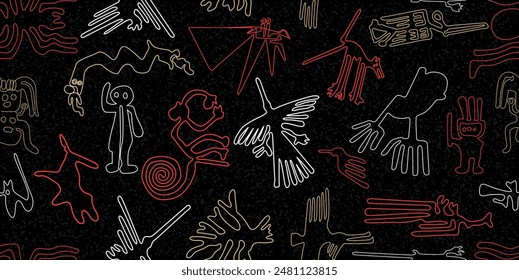 amazing world famous peruvian ancient indigenous nazca lines with peruvian flag colors seamless pattern over dark worn out background