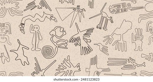 amazing world famous peruvian ancient indigenous nazca brown lines seamless pattern over worn out background