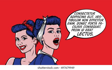 Amazing young girls with speech bubble banner looking happy excited / young American pin-up girls on red background having idea. Vector illustration.