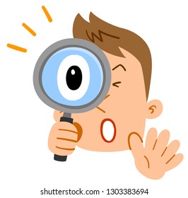 Amazing young man looking into the magnifying glass